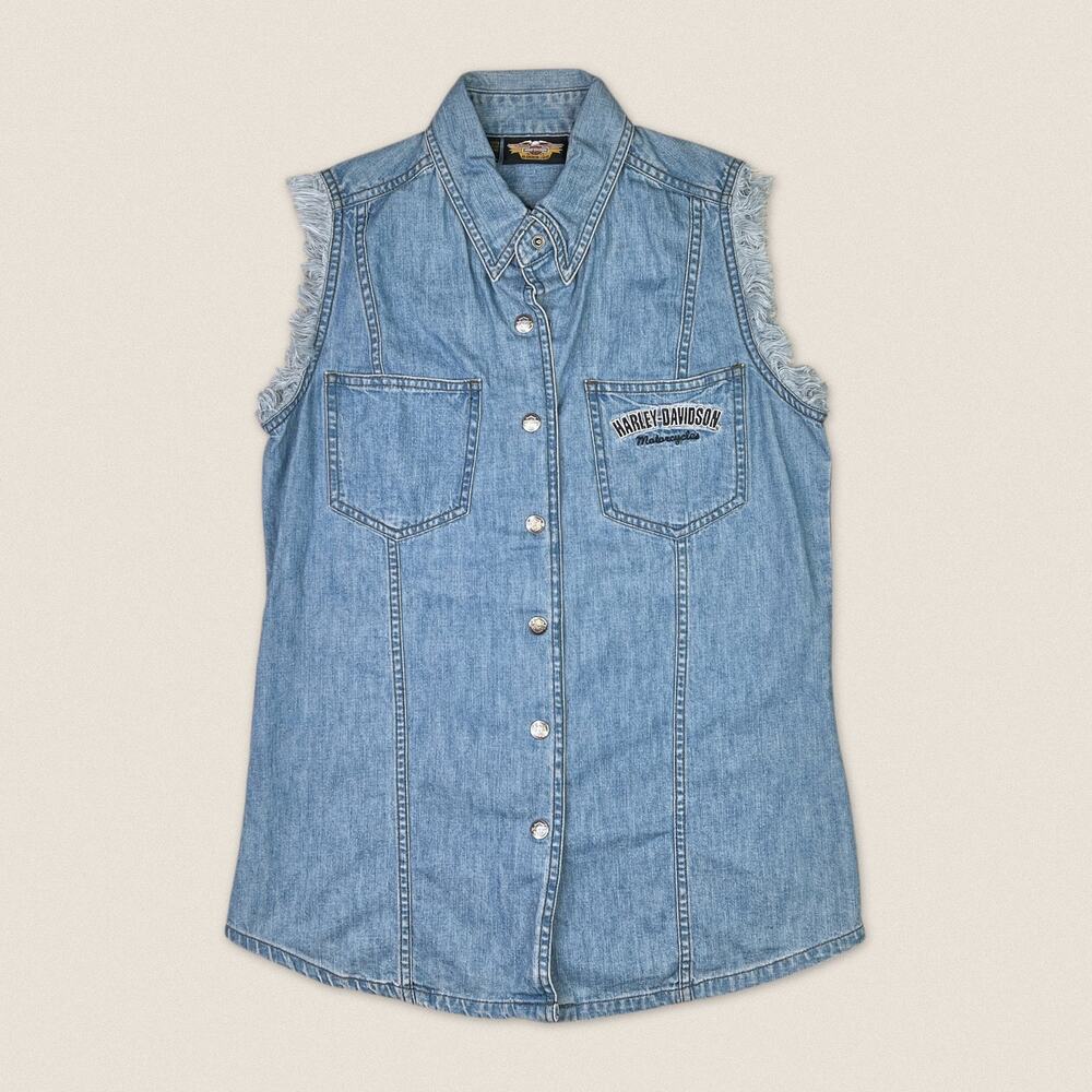 Vintage Harley Davidson‎ Denim Chambray Button Up Vest Shirt Eagle Patch Small